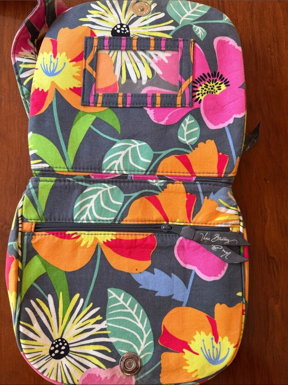 Vera Bradley Small Gray Quilted Floral Crossbody with Pink & Orange Blooms